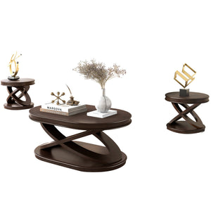 English Elm Retro Solid Wood Coffee Table Set 3-Piece with 44" Oval Coffee Table & Round End Tables, Sturdy X-Legs, Waterproof Surface Espresso W1202S00010