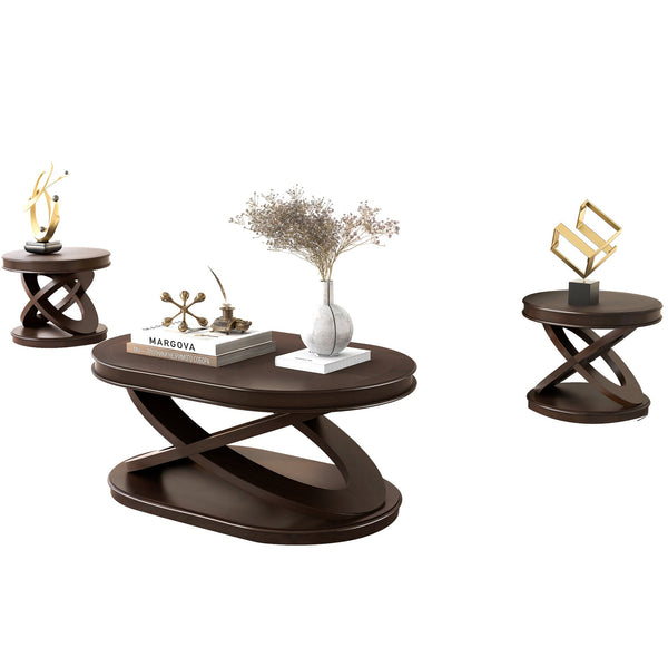 English Elm Retro Solid Wood Coffee Table Set 3-Piece with 44" Oval Coffee Table & Round End Tables, Sturdy X-Legs, Waterproof Surface Espresso W1202S00010