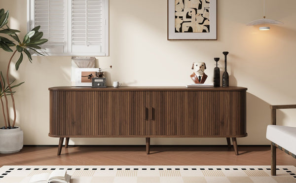 English Elm 70-inch Media Console with Sliding Groove Doors Solid Pine Legs and Cable Management N710P427897P