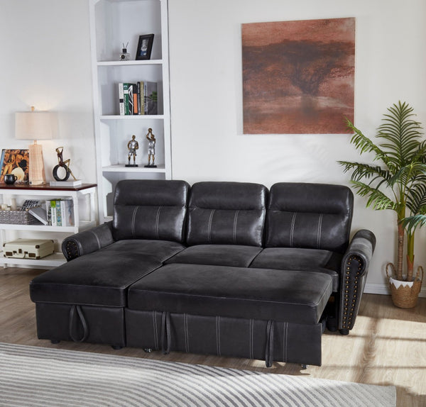 English Elm Sectional Sofa Bed In Black Faux Leather - Stylish Space-Saving Design For Modern Living Spaces B205S00044-GIGA