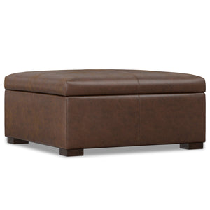 English Elm Gabbie Square Storage Ottoman Coffee Table - Chic Distressed Chestnut Leather, Versatile & Durable Design B136P252674