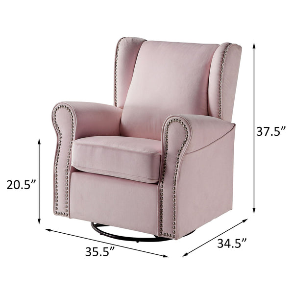 English Elm Pink Rolled Arms Swivel Chair Glider with Nailhead Trim, Removable Cover, Plush Upholstery Elegance B062P186521
