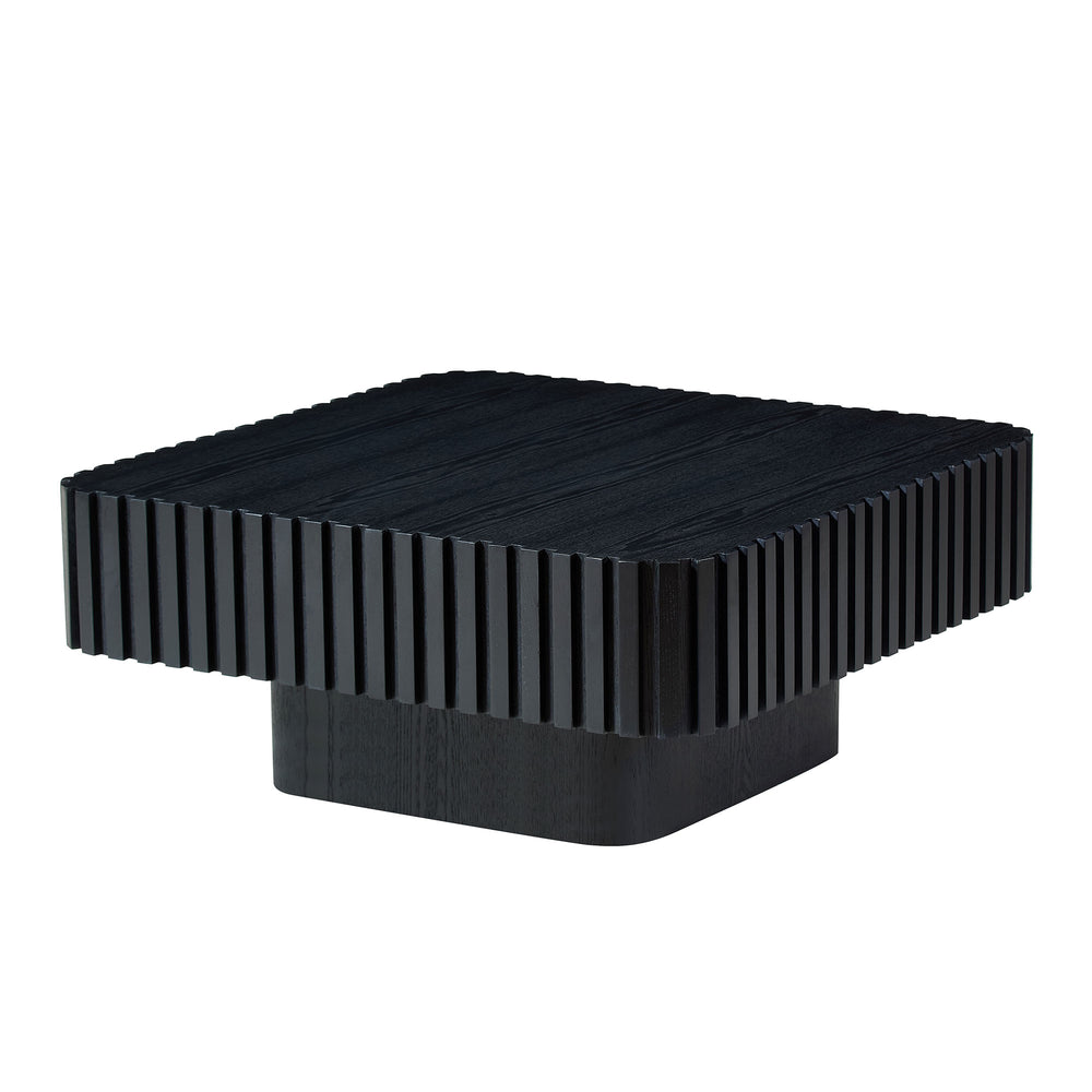English Elm 31.5 Inch Modern Handcraft Drum Coffee Table Square MDF Pedestal Low Profile Rustic Accent Table Black W2582P360257