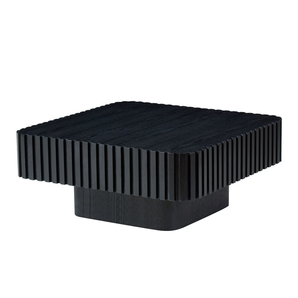 English Elm 31.5 Inch Modern Handcraft Drum Coffee Table Square MDF Pedestal Low Profile Rustic Accent Table Black W2582P360257