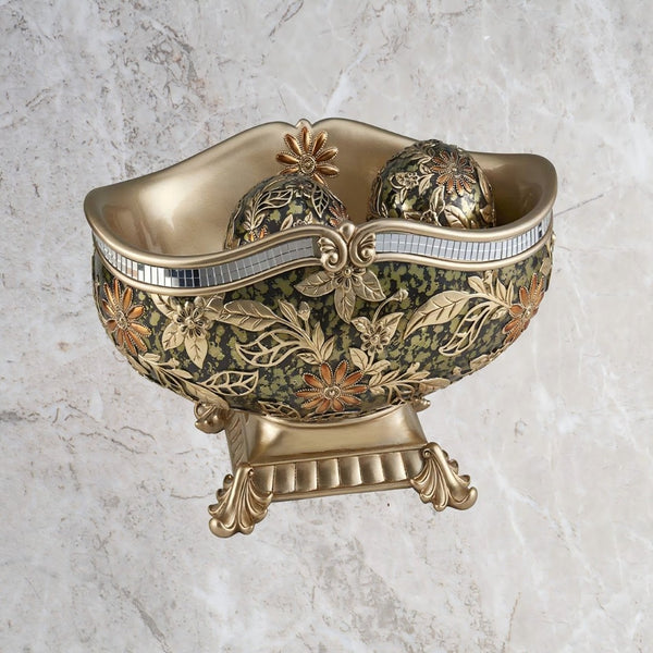 English Elm 8.25 Inch Polyresin Pedestal Fruit Bowl with Chrysanthemum Floral Motif and Spheres B072116017