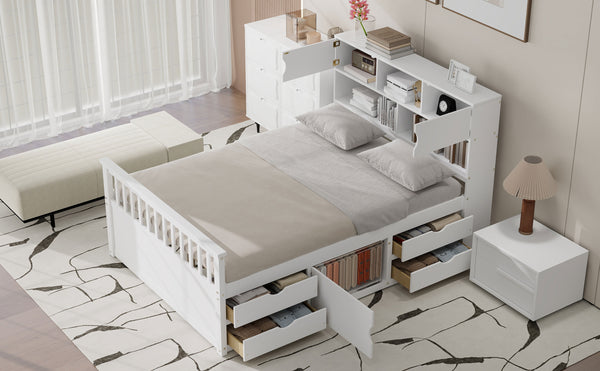 English Elm Full Size Captain Platform Bed Frame With Bookcase Headboard, Storage Drawers & White Finish N7090000473K