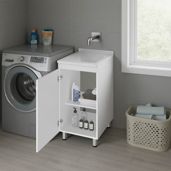 English Elm Slee White Utility Sink Cabinet with Metal Legs and Storage for Laundry Mudroom B128S00247