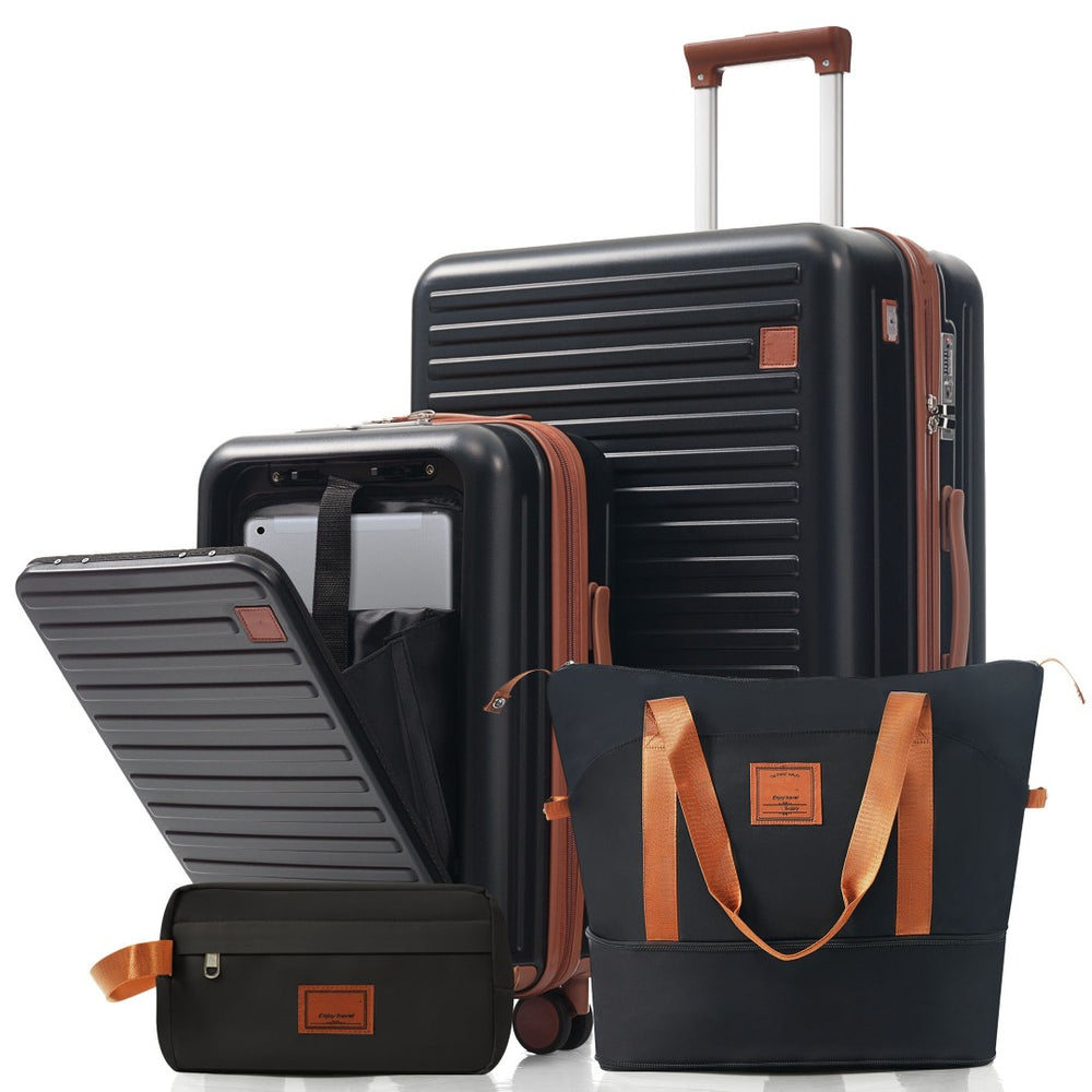 English Elm 4-piece Hard Shell Luggage Set with Usb Ports Tsa Lock and Front Access Carry-on Black+Brown N726P268997A