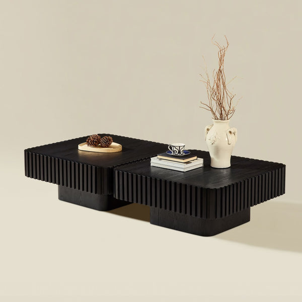 English Elm 2-piece Nesting Round Coffee Table Set Wood Veneer Sculptural Living Room Accent Black W2582S00181