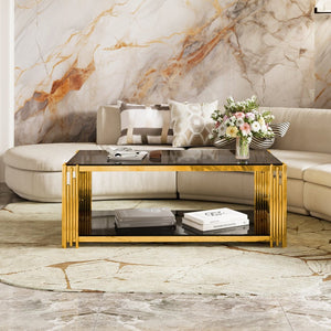 English Elm Modern Glam Rectangular Coffee Table with Mirrored Top Gold Sculptural Frame Open Shelf Black N735P380099B