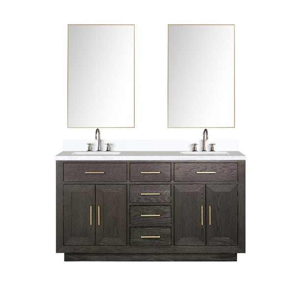 English Elm Brown Oak Double Bath Vanity Set With Cultured Marble Top, Chrome Faucets & Two Frameless Mirrors B2731S01795