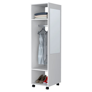 English Elm White Sleek 3-Shelf Wardrobe on Wheels with Mirror Door, Melamine Finish, Space-Saving Storage Solution B062P227646