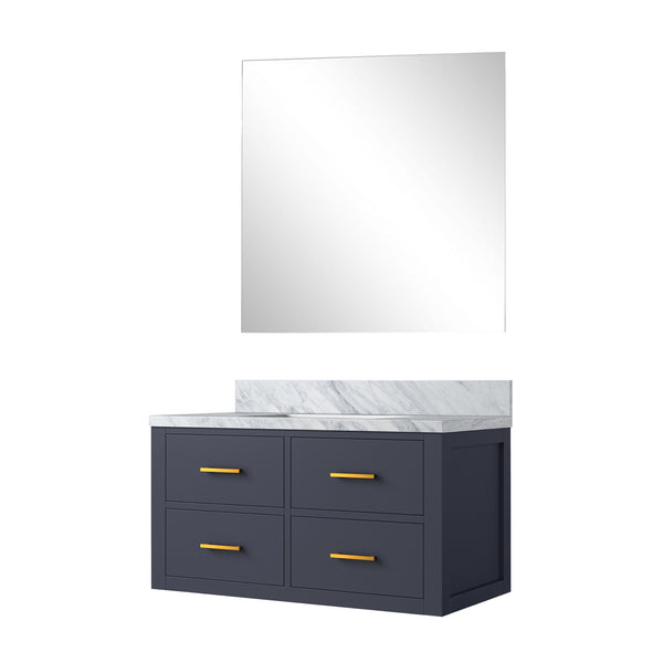 English Elm Blue Single Bath Vanity with Carrara Marble Top, Soft-Close Drawers & 34" Frameless Mirror, 36" B2731S01434