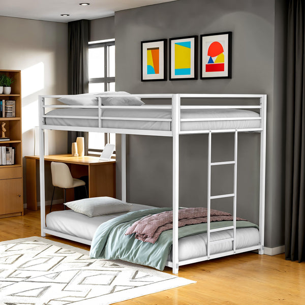English Elm Twin Metal Low Bunk Bed Durable Full Frame Industrial Style Attached Ladder Space-Saving Design Matte White 83 L x 15 W x 6 H B2741P391249