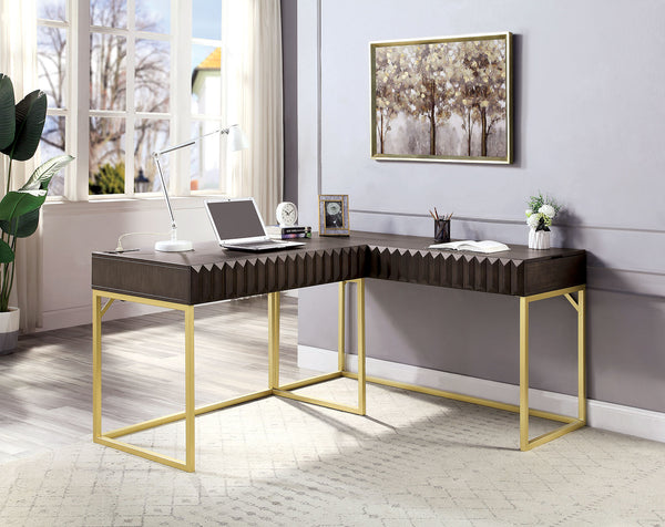 English Elm Transitional Two-tone Computer Desk with Matte Gold Metal Base, Lift-Top Work Surface and Concealed Drawer Storage Walnut 50 L x 28 W x 10 H B2741S00260