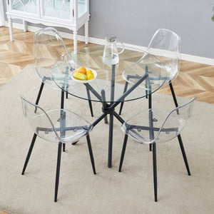 English Elm Table Set: Modern Round Tempered Glass Dining Table With 4 Transparent Chairs & Black Metal Legs W1151S03677-GIGA