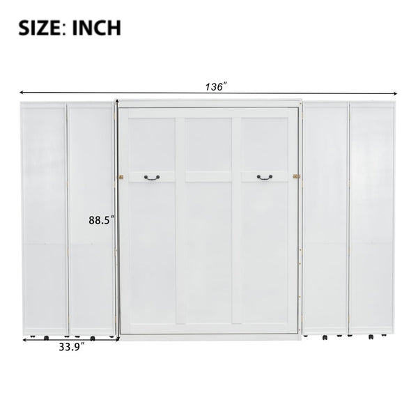 English Elm Queen Murphy Wall Bed with Hydraulic Lift and Push Pull Cabinet Storage Unit White LP000381AAK