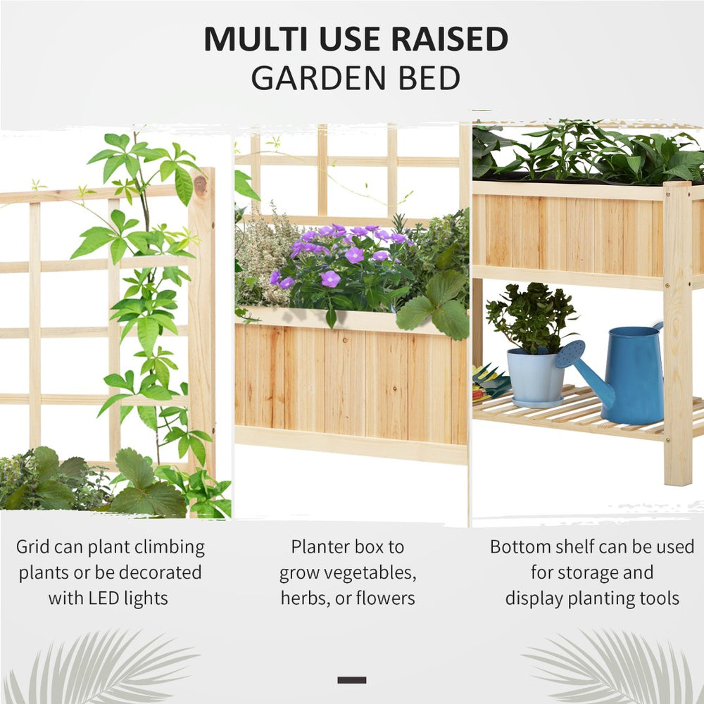 English Elm Wooden Two Tier Elevated Garden Planter with Trellis Panel Farmhouse Outdoor Stand T3971P387815