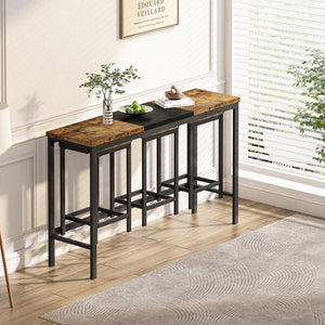 English Elm Modern Long Dining Table Set with Hanging Stools, Space-Saving MDF Top, Iron Frame Durability and Style Natural+Black W757P314433