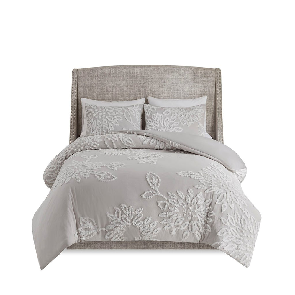 English Elm Full/Queen Veronica 3-Piece Tufted Cotton Chenille Floral Duvet Cover Set - Shabby Chic Grey Elegance B035129184