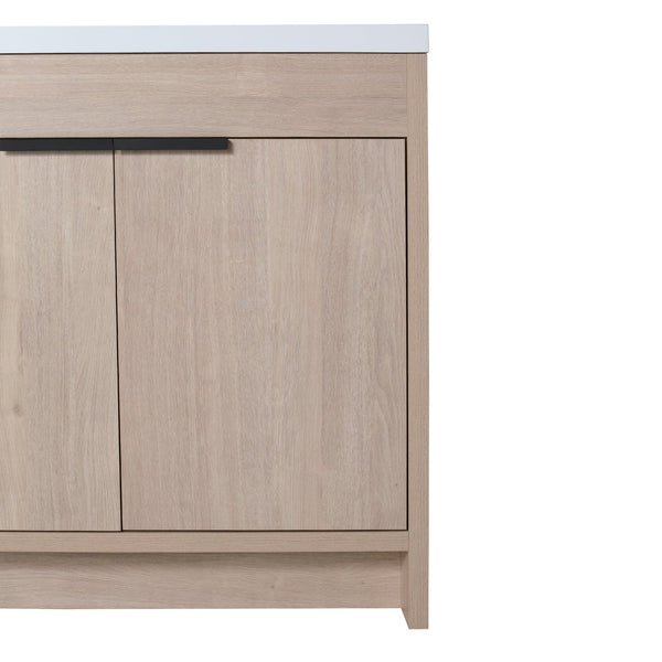 English Elm 36 Inch Freestanding Vanity with White Resin Sink, Soft-Close Doors, Adjustable Shelf, Water-Resistant Finish W999S00277