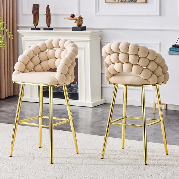 English Elm Set of 2 Sculptural Bubble Back Velvet Barstools with Glamorous Electroplated Legs Beige,Gold W3875P370837