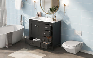 English Elm 36" Black Bathroom Vanity with Ceramic Sink, 2 Soft-Close Doors & 5 Drawers, Modern Storage Elegance N729P183735B
