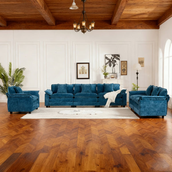 English Elm Wider Armrest 3-Seat Modern Sectional Couch In Blue - Comfy Chenille Fabric, Modular Design & Ergonomic Support W1143S00039-GIGA