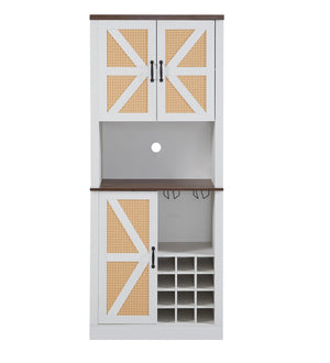 English Elm 76 Inch Tall Farmhouse Wine Cabinet with 12 Bottle Compartments, Faux Rattan 3D Doors, Shelves W2702P183952