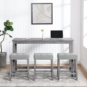 English Elm Bar Bar Table Set with Power Outlet and 4 Chairs, Industrial MDF Top, Solid Wood Seats, Durable Design Gray W487P339352