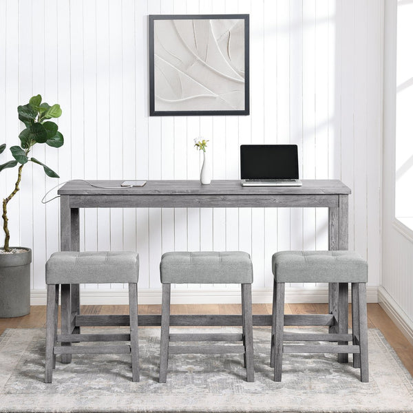 English Elm Bar Bar Table Set with Power Outlet and 4 Chairs, Industrial MDF Top, Solid Wood Seats, Durable Design Gray W487P339352