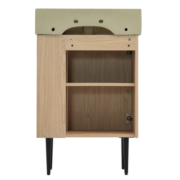 English Elm 21.6" Wood Bathroom Vanity with Ceramic Sink, Right Side Storage, Gold Legs, Soft-Close Doors, Modern SV000006AAD