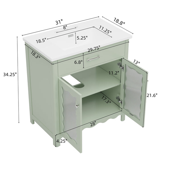 English Elm Christopher Knight Home® - 30 Inch Bathroom Vanity With Tempered Glass Doors, Soft-Close, Modern Green Cabinet & Ceramic Sink N817P299499G