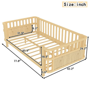 English Elm Twin Pine House Frame Floor Bed with Peaked Roof and Fence Guardrails for Kids Natural W1858P389994