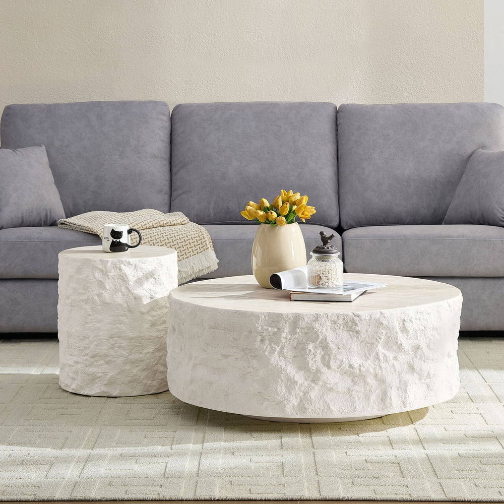 English Elm 15.75 Round Side Table Fiberglass Imitation Stone Finish, No Assembly Beige Accent Table for Small Spaces W2582P313968