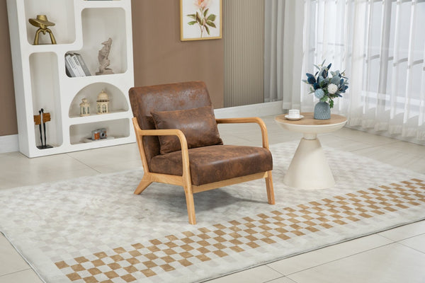 English Elm Mid Century Modern Accent Chair Natural Wood Frame Upholstered with Lumbar Cushion W2530P407185