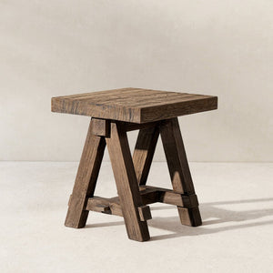 English Elm Hawthorne Reclaimed Elm Square Side Table with Trestle Base for Modern Rustic Interiors Brown B2719P474458