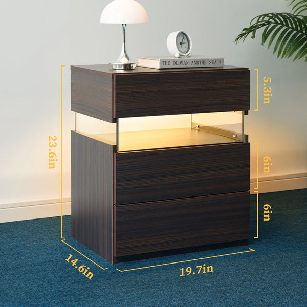 English Elm Led Nightstand with Rgb Acrylic Glow Panel Three Drawers Walnut Bedroom Table W2178P412301