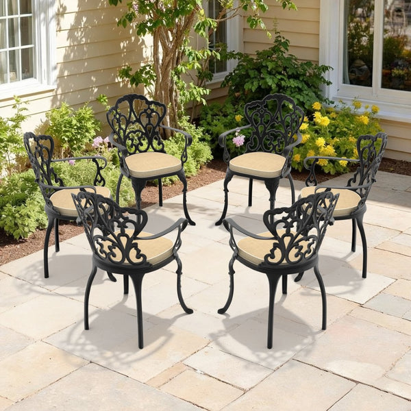 English Elm Cast Aluminum Outdoor Dining Chairs Set of Four with Carved Relief and Weather Resistant Frame W1710S00509