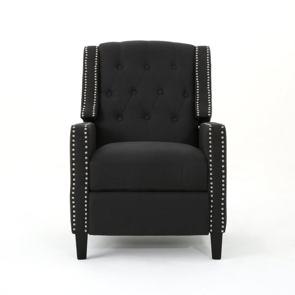 English Elm Classic Club Chair in Dark Grey Fabric with Birch Legs and Push Back Recline 61371.00