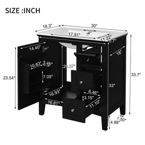 English Elm 30 Inch Bathroom Vanity with Ceramic Sink and 3 Smooth-Glide Drawers, Modern Moisture-Resistant Storage Black N710P252105B