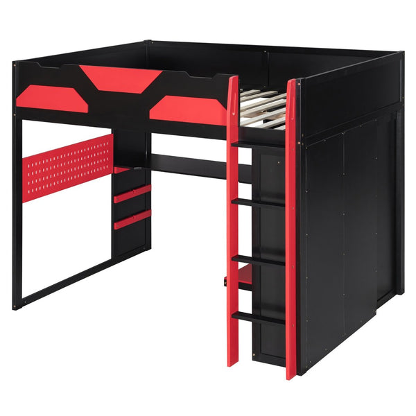 English Elm Full Size Loft Bed with Rgb Lighting Usb Charging Desk Wardrobe and Storage Shelves Red LT000387AAJ