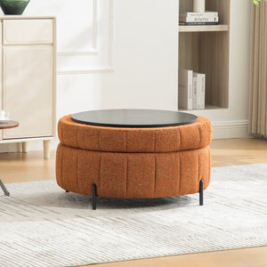English Elm 31.3"w Chenille Channel Tufted Round Storage Ottoman Sculptural Pumpkin Seat for Any Room Orange W3118P439477
