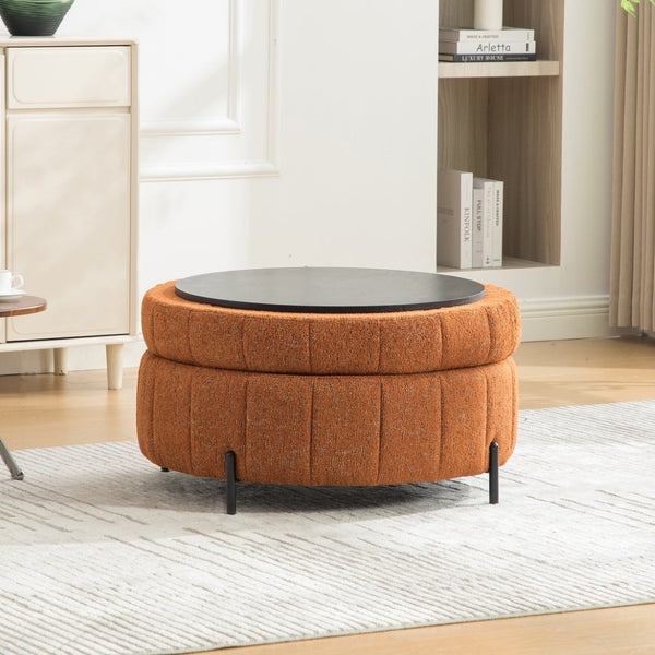 English Elm 31.3"w Chenille Channel Tufted Round Storage Ottoman Sculptural Pumpkin Seat for Any Room Orange W3118P439477