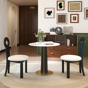 English Elm Modern Round Table - 85Cm White Sintered Stone Top With Black Wooden Legs & Gold Metal Base Design W1535S00590