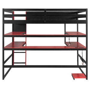 English Elm Full Size Gaming Loft Bed with Rgb Lights Wraparound Shelves and Built-in Usb Ports Red LT000299AAJ