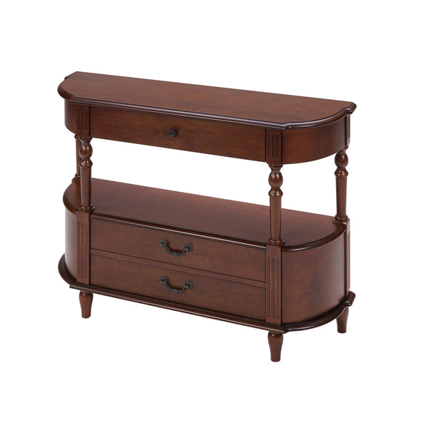 English Elm Retro Curved Wood Console Table with 3 Drawers, Mid-Century Entry Sofa Table with Shelf, Sturdy Pine Legs and High Weight Capacity Cherry W1202P303774