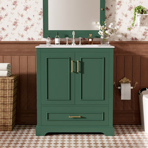 English Elm 30" Modern Bathroom Vanity with Ceramic Sink, Soft-Close Doors, Divided Drawer & Dual Door Shelves Green N729P321376F