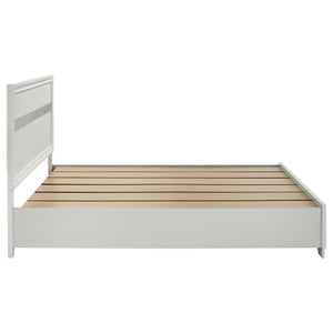 English Elm May 2-Drawer Platform Eastern King Storage Bed with Shimmery Foil Headboard and Rhinestone Pulls craftsmanship and glamour combined for dreamy modern bedroom allure White B062S01087