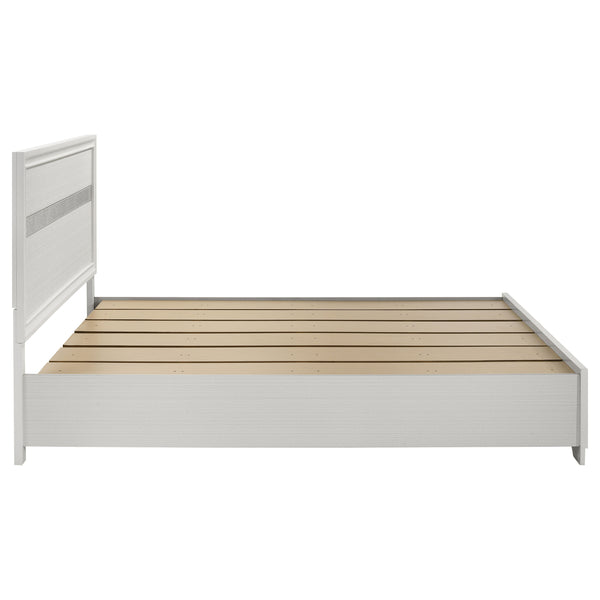 English Elm May 2-Drawer Platform Eastern King Storage Bed with Shimmery Foil Headboard and Rhinestone Pulls craftsmanship and glamour combined for dreamy modern bedroom allure White B062S01087